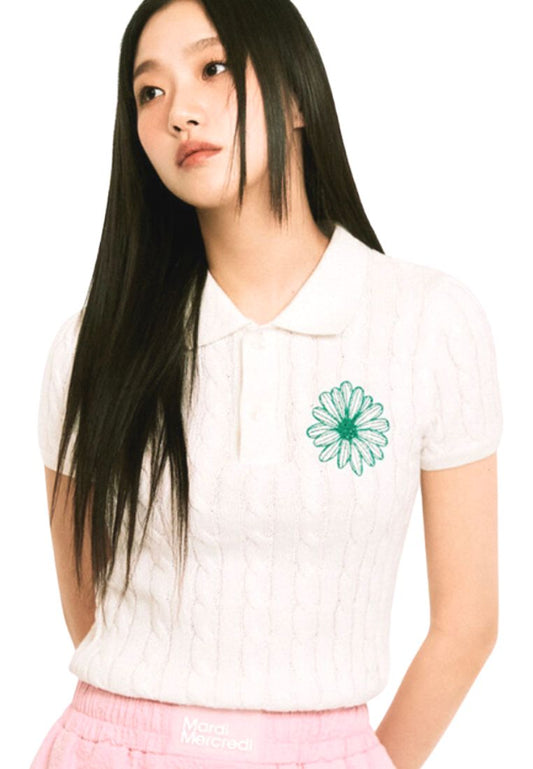 Cotton Cable Top Collar Short Sleeve White Green