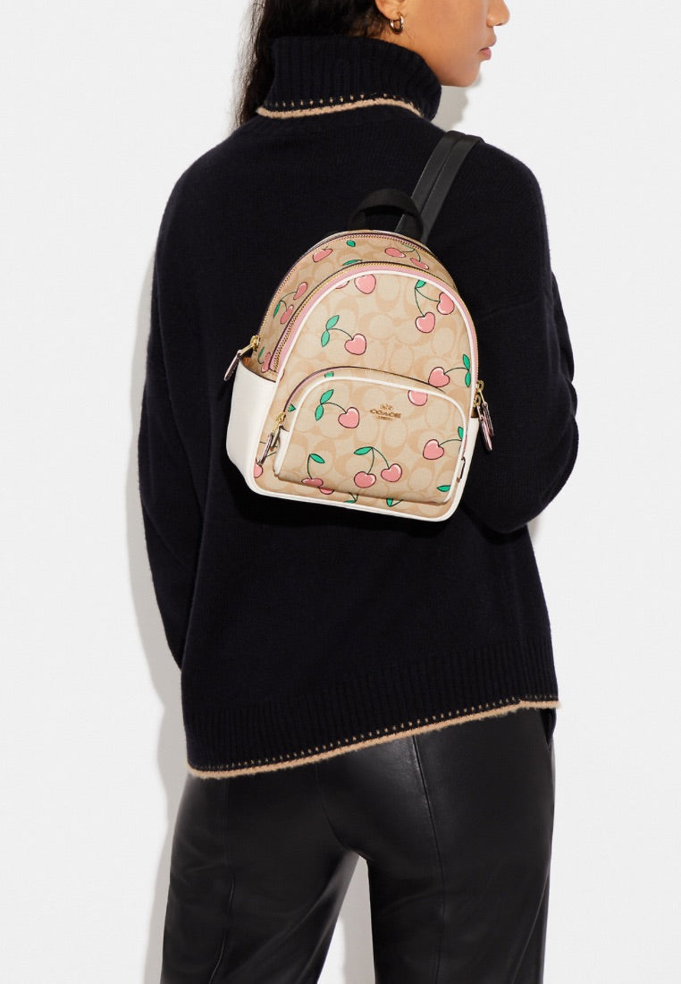 Mini Court Backpack In Signature Canvas With Heart Cherry Print Light Khaki Multi