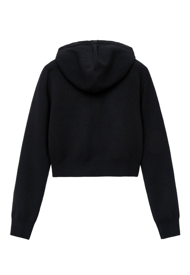 W Classic Logo Crop Knit Hoodie Zip-Up Black
