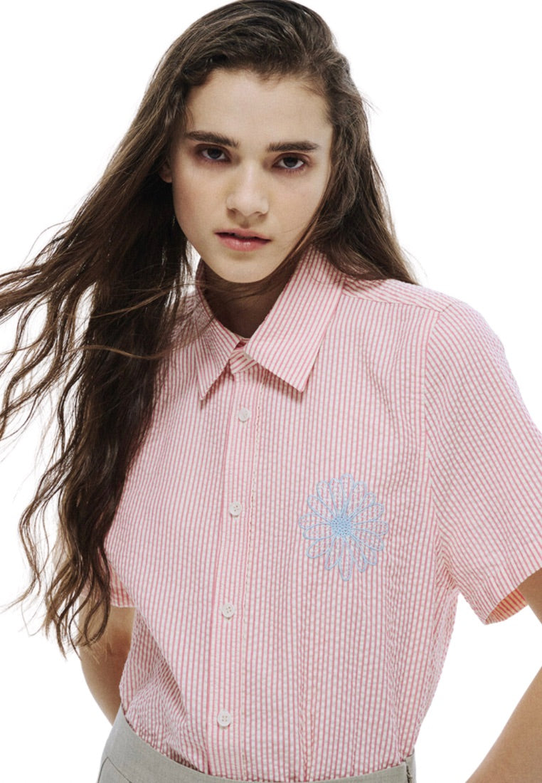 SEERSUCKER Shirt Half Sleeve Stripe Pink Blue