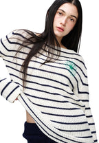 Cotton Pullover Long Sleeve Stripe Ivory Green