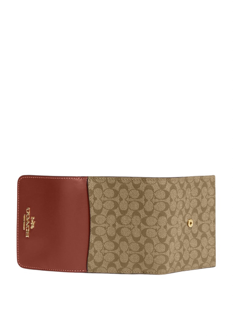 Small Trifold Wallet In Colorblock Signature Canvas Khaki Terracotta