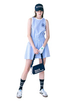 SEERSUCKER Flare Mini Dress Flower Needlework Sky Navy