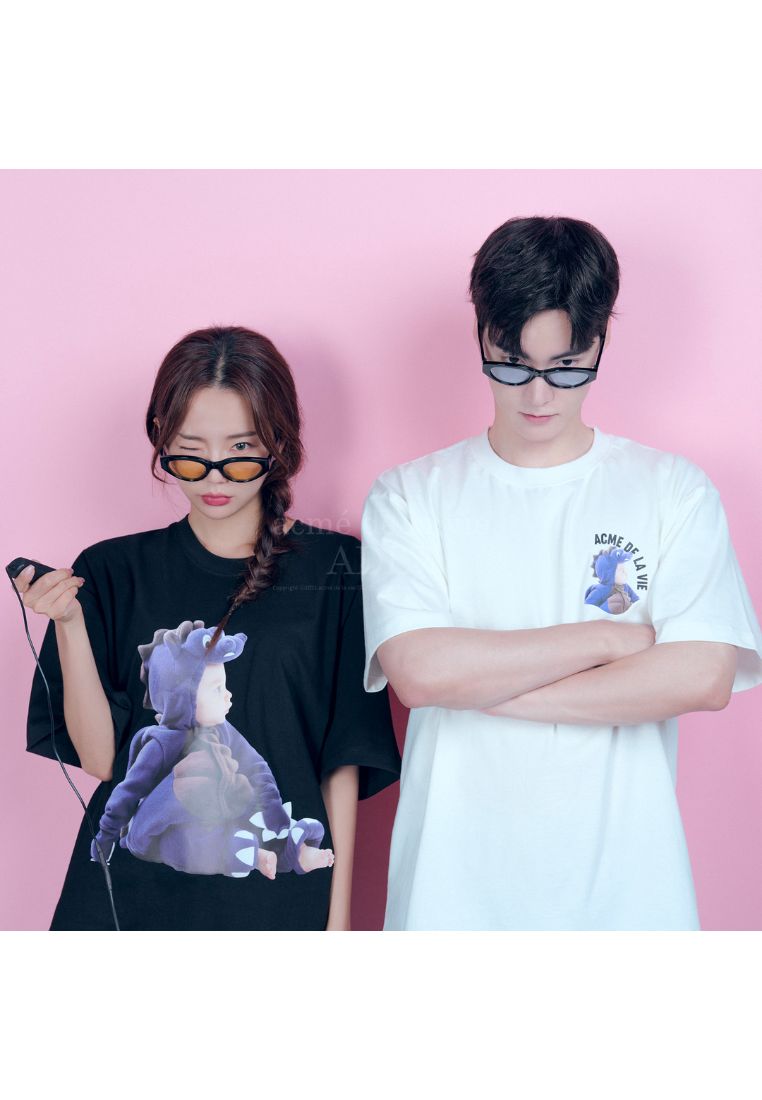 Mini Baby Face Purple Dinosaur Short Sleeve T-Shirt Cream