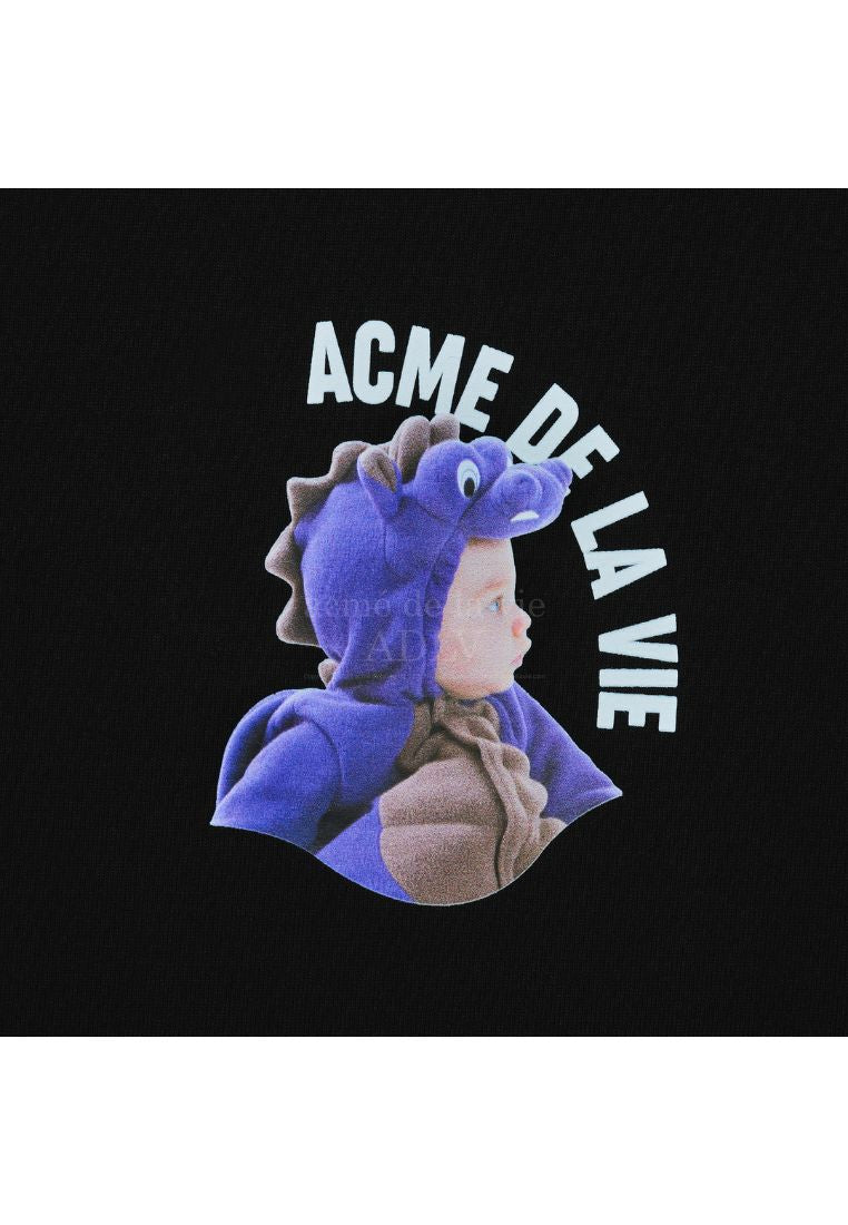 Mini Baby Face Purple Dinosaur Short Sleeve T-Shirt Black