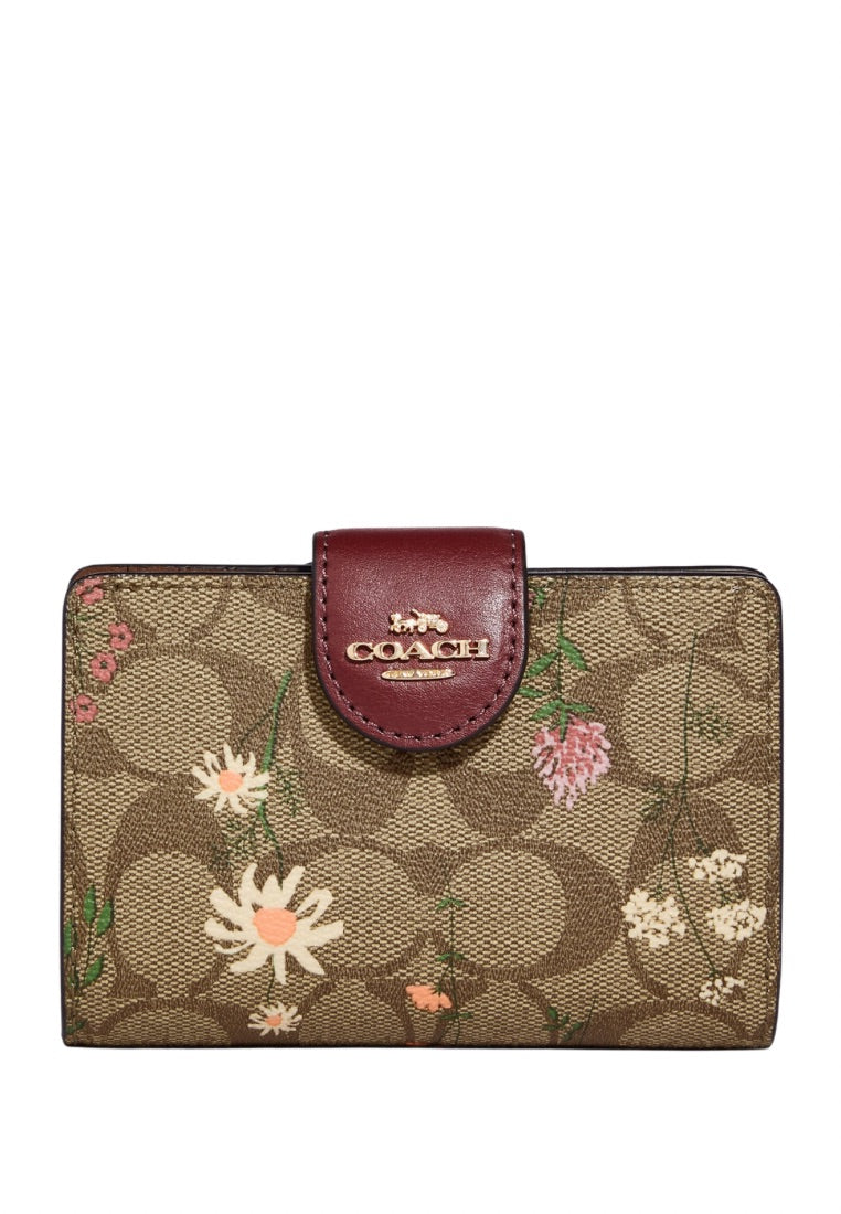 Medium Corner Zip Wallet In Signature Canvas With Wildflower Print Khaki Multi