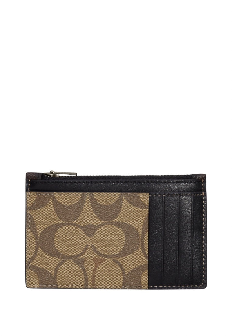 Zip Card Case In Blocked Signature Canvas Mahogany Khaki
