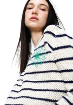 Cotton Pullover Long Sleeve Stripe Ivory Green