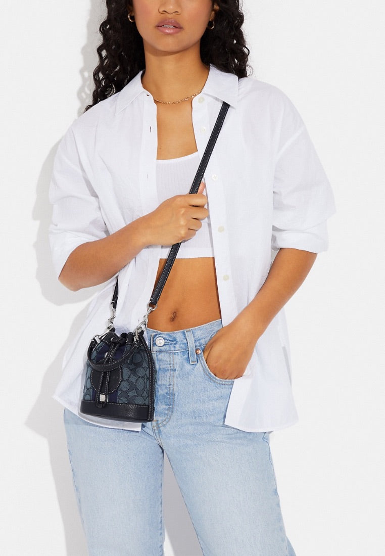 Mini Dempsey Bucket Bag In Signature Jacquard With Stripe And Coach Patch Midnight Navy