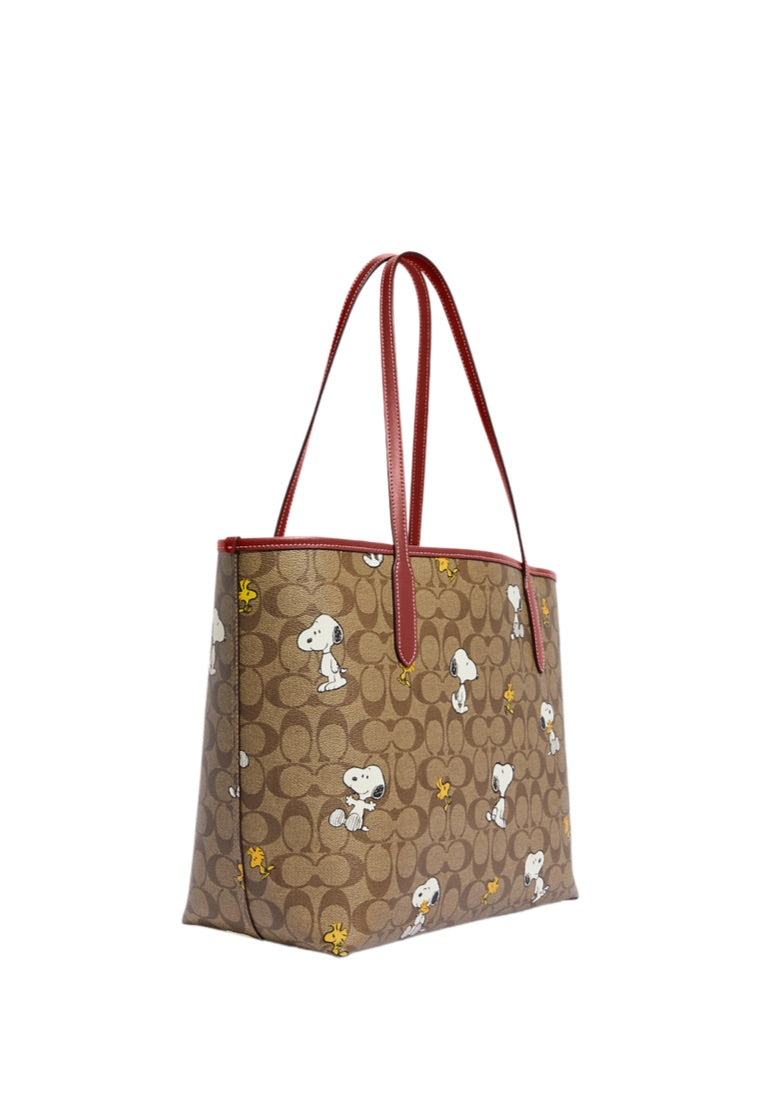 Coach X Peanuts City Tote In Signature Canvas With Snoopy Woodstock Print Redwood Multi