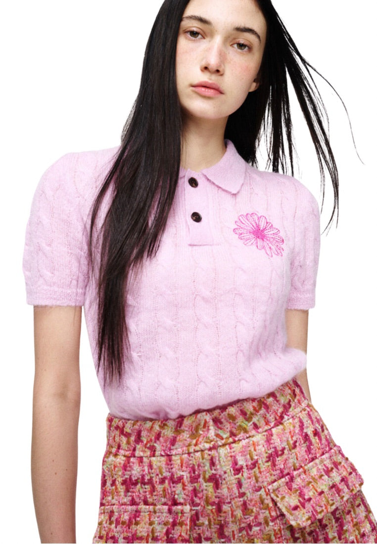 Mohair Cable Top COllar Short Sleeve Pink Hotpink