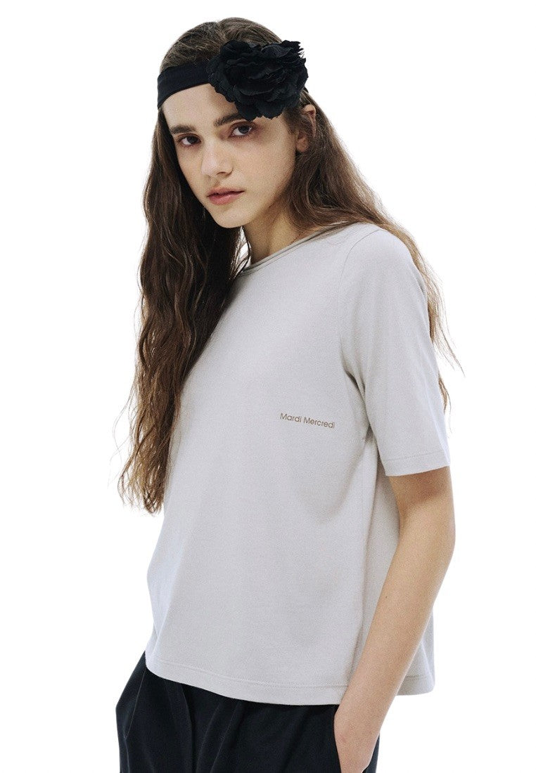 Premium Silk Blended TShirt Logo Boatneck Beige Khaki