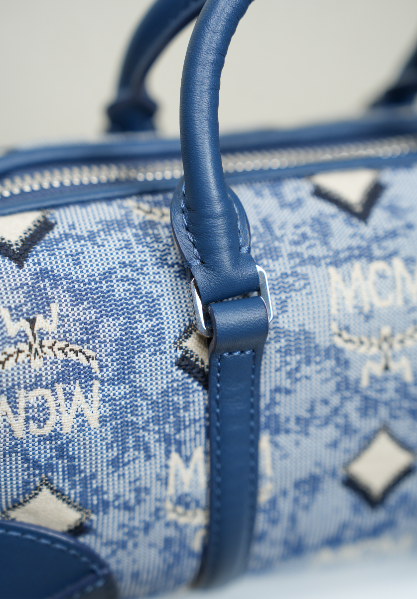 Mini Boston Bag in Vintage Jacquard Monogram Blue