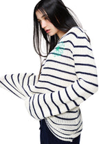 Cotton Pullover Long Sleeve Stripe Ivory Green