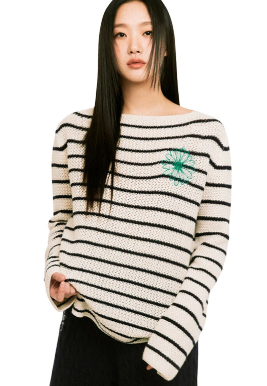 Cotton Pullover Long Sleeve Stripe Ivory Green