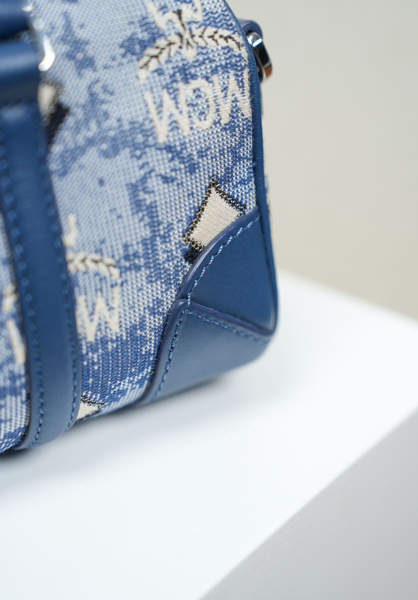 Mini Boston Bag in Vintage Jacquard Monogram Blue