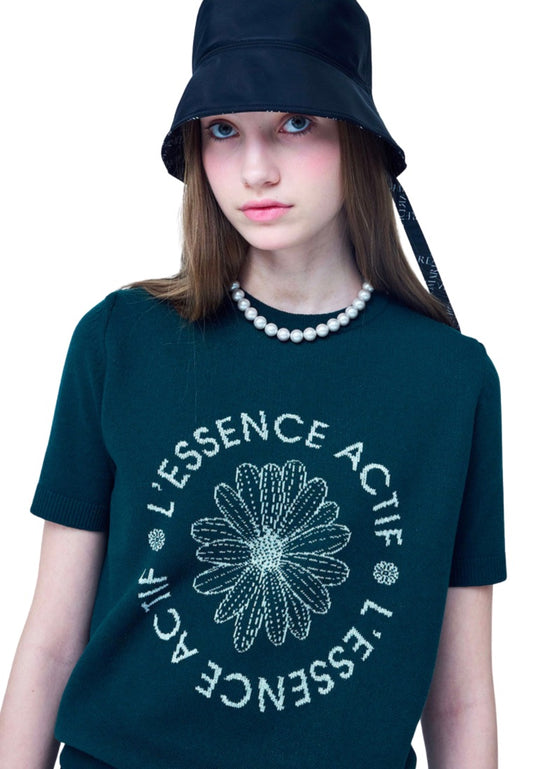 Emblem Jacquard Knit Top Half Sleeve Deep Green Ivory