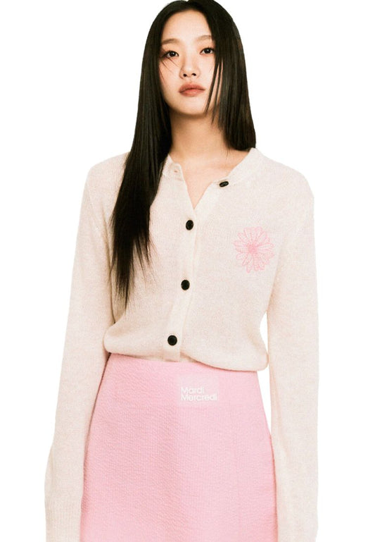 Mohair Cardigan Round Neck Ivory Pink