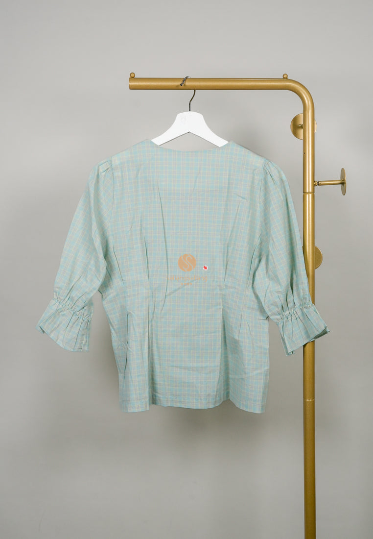 [DEFECT SALE 79] Plaid Button Green Blouse By HA. Made In Korea