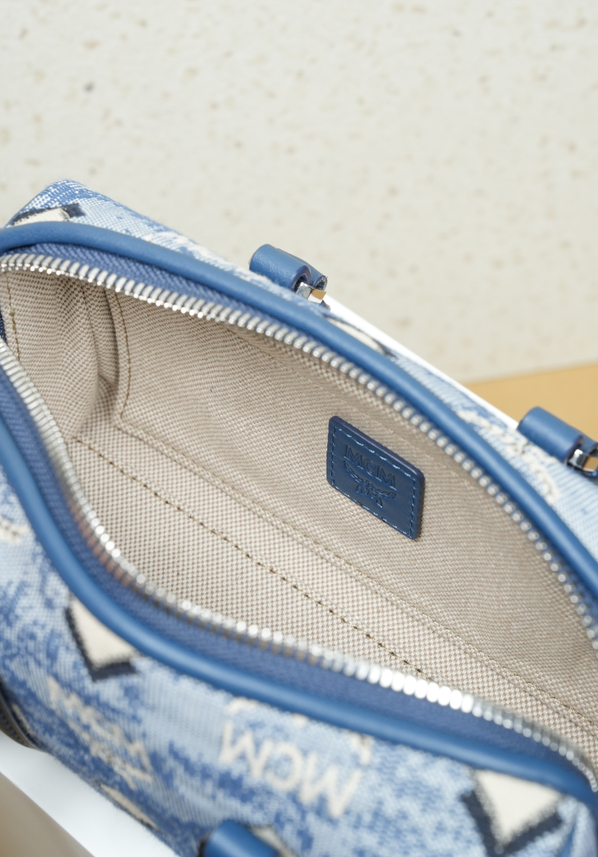 Mini Boston Bag in Vintage Jacquard Monogram Blue