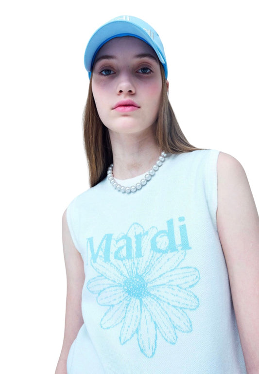 Mardi Flower Sleeveless Knit Top Ivory Sky