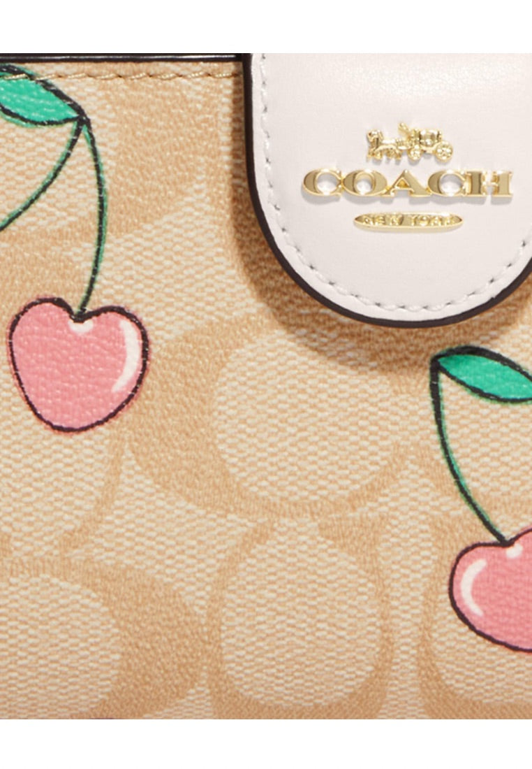 Medium Corner Zip Wallet In Signature Canvas With Heart Cherry Print Light Khaki Multi