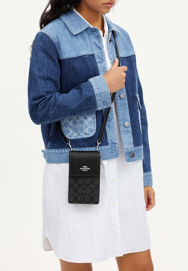 North South Phone Crossbody In Signature Canvas Graphite Black