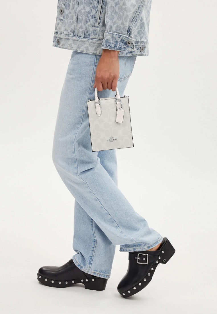 North South Mini Tote In Signature Canvas Glacier White