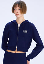 W Classic Logo Crop Knit Hoodie Zip-Up Navy