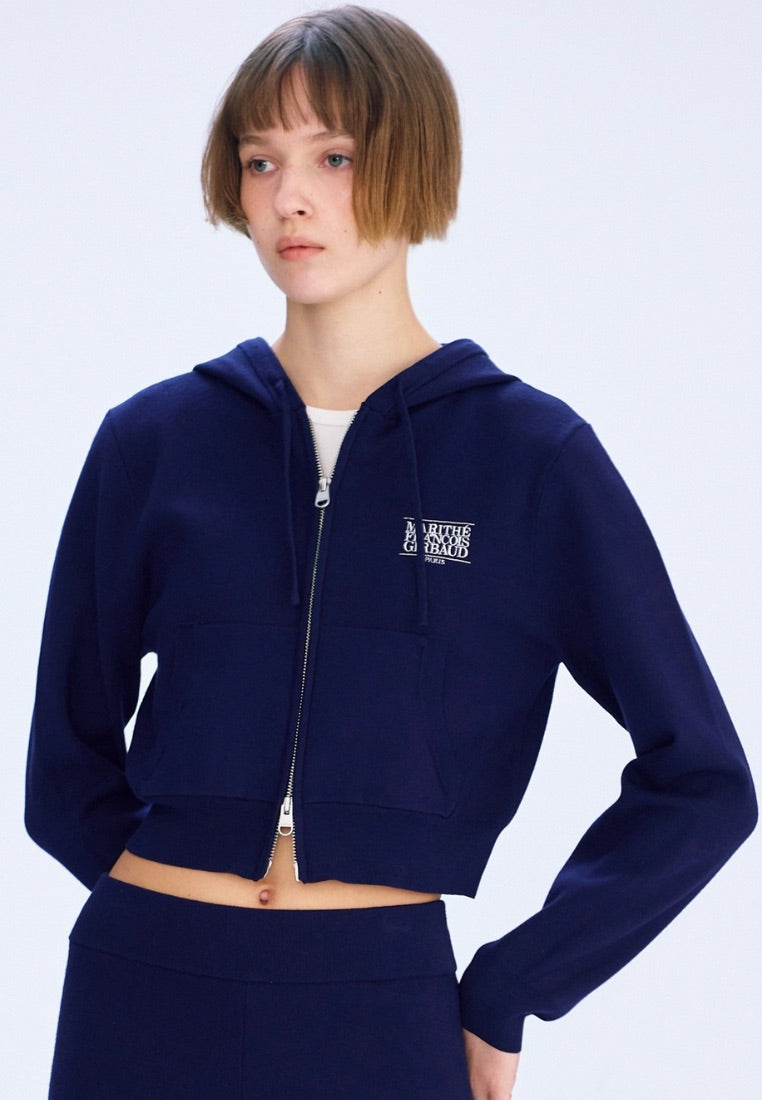 W Classic Logo Crop Knit Hoodie Zip-Up Navy