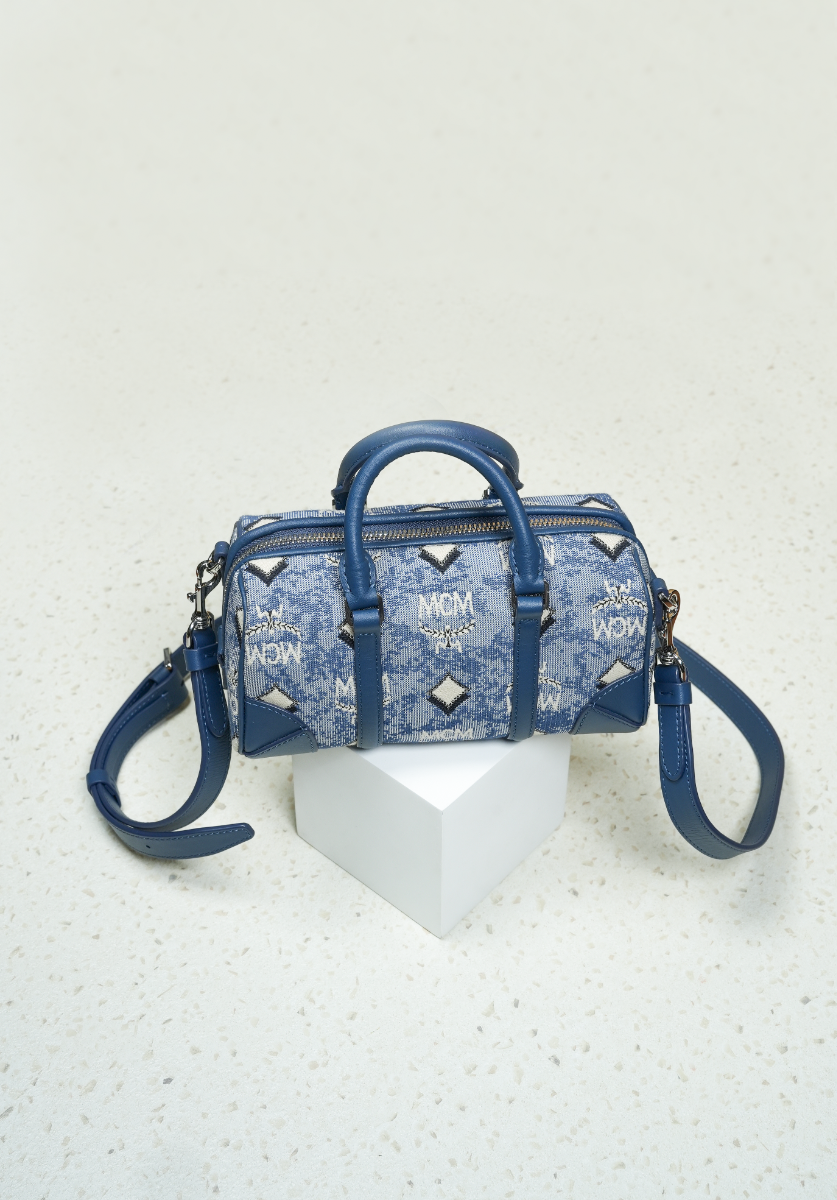 Mini Boston Bag in Vintage Jacquard Monogram Blue