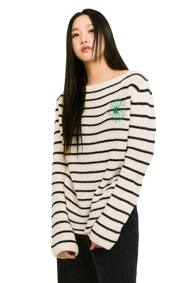 Cotton Pullover Long Sleeve Stripe Ivory Green