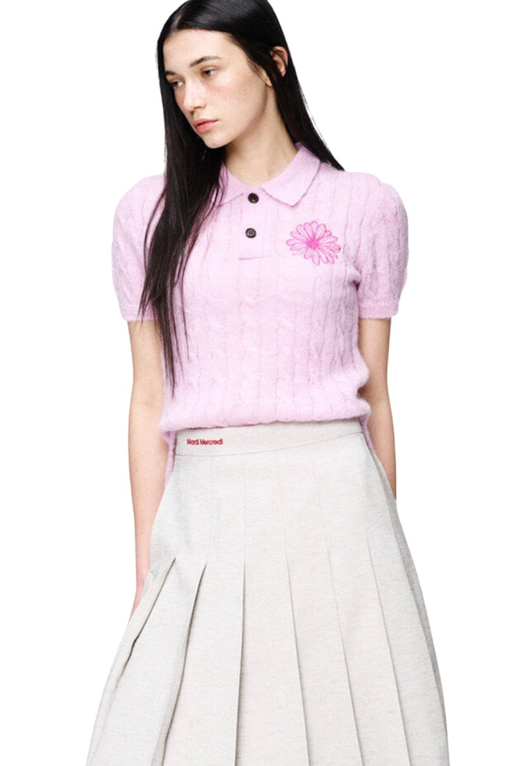 Mohair Cable Top COllar Short Sleeve Pink Hotpink