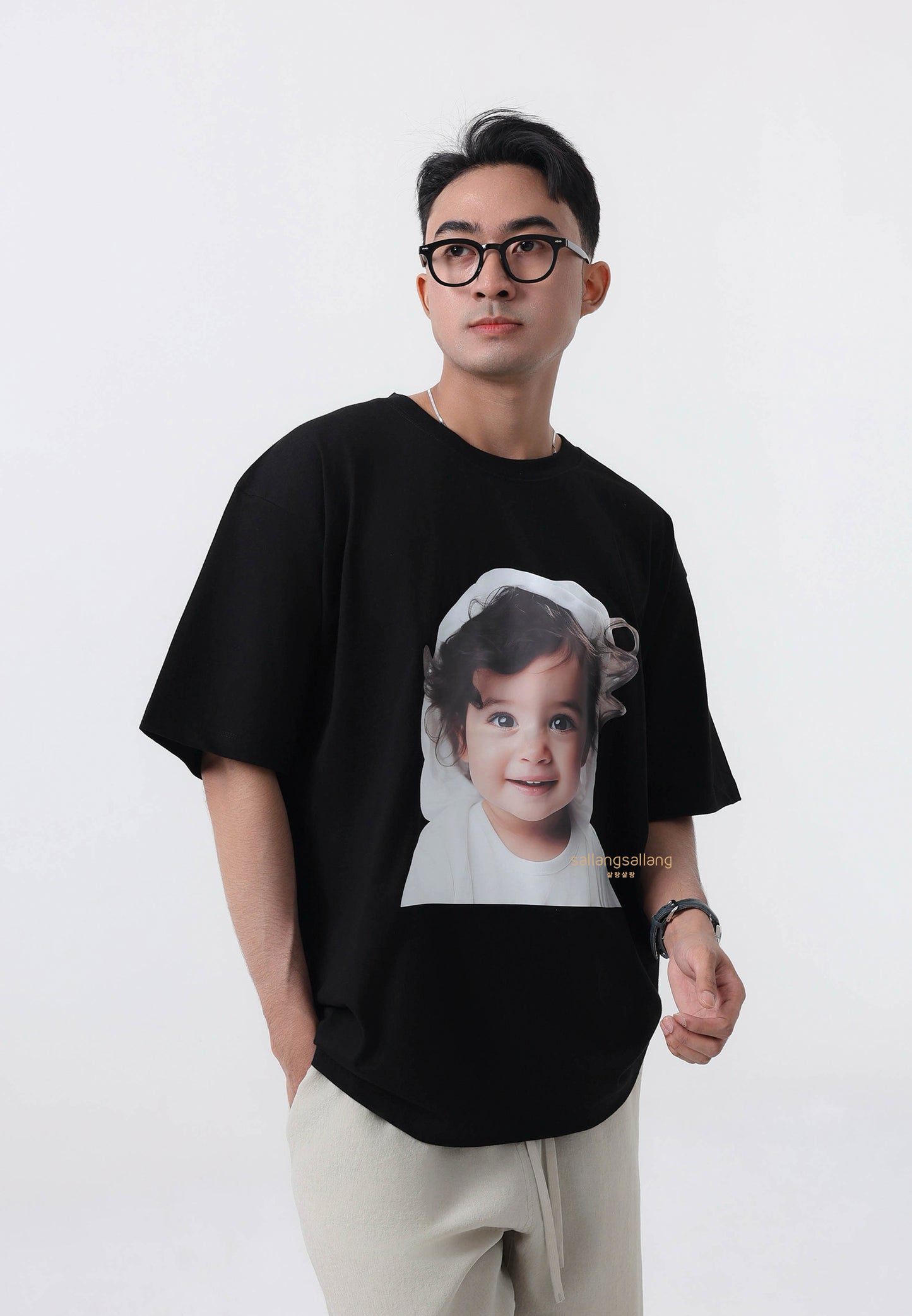 Baby Face Wave Hair Short Sleeve T-Shirt Black
