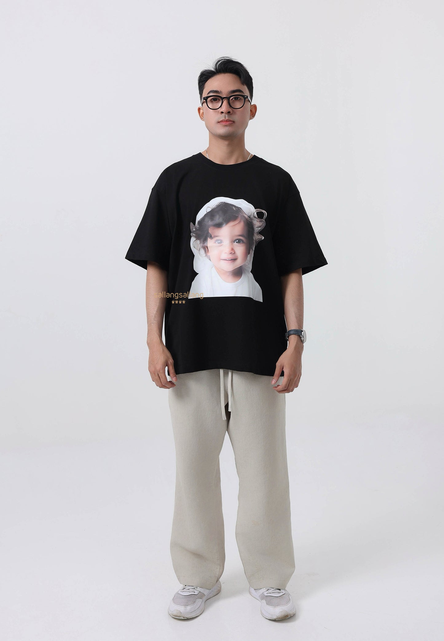 Baby Face Wave Hair Short Sleeve T-Shirt Black