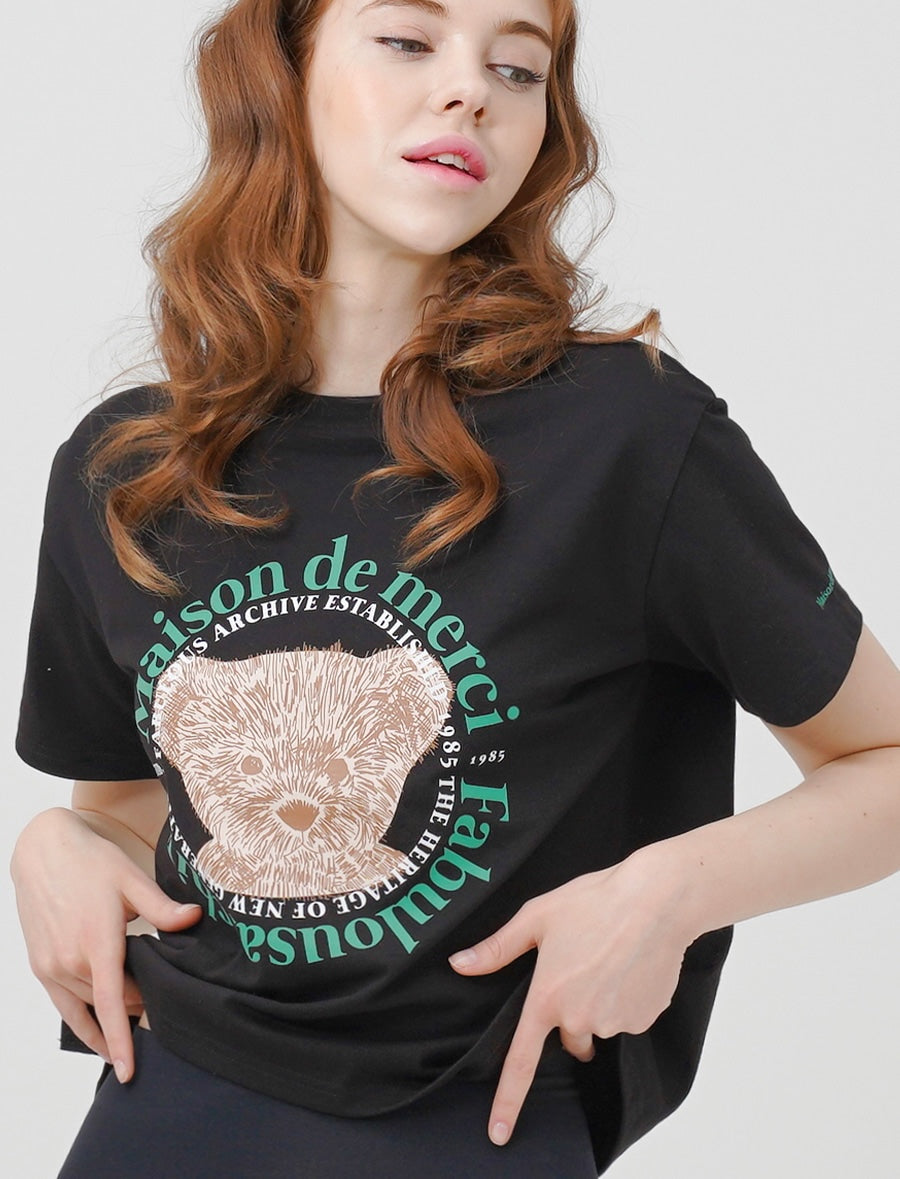 Bear Friends Relax Crop T-Shirt Black Green
