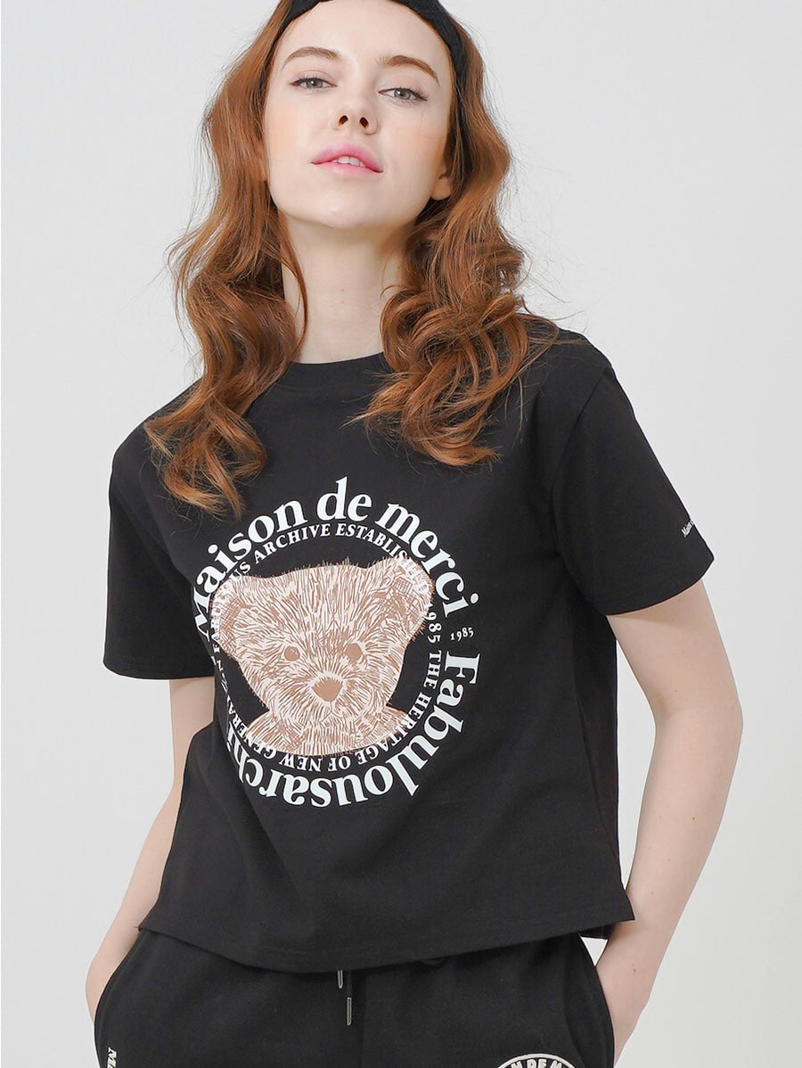 Bear Friends Relax Crop T-Shirt Black White