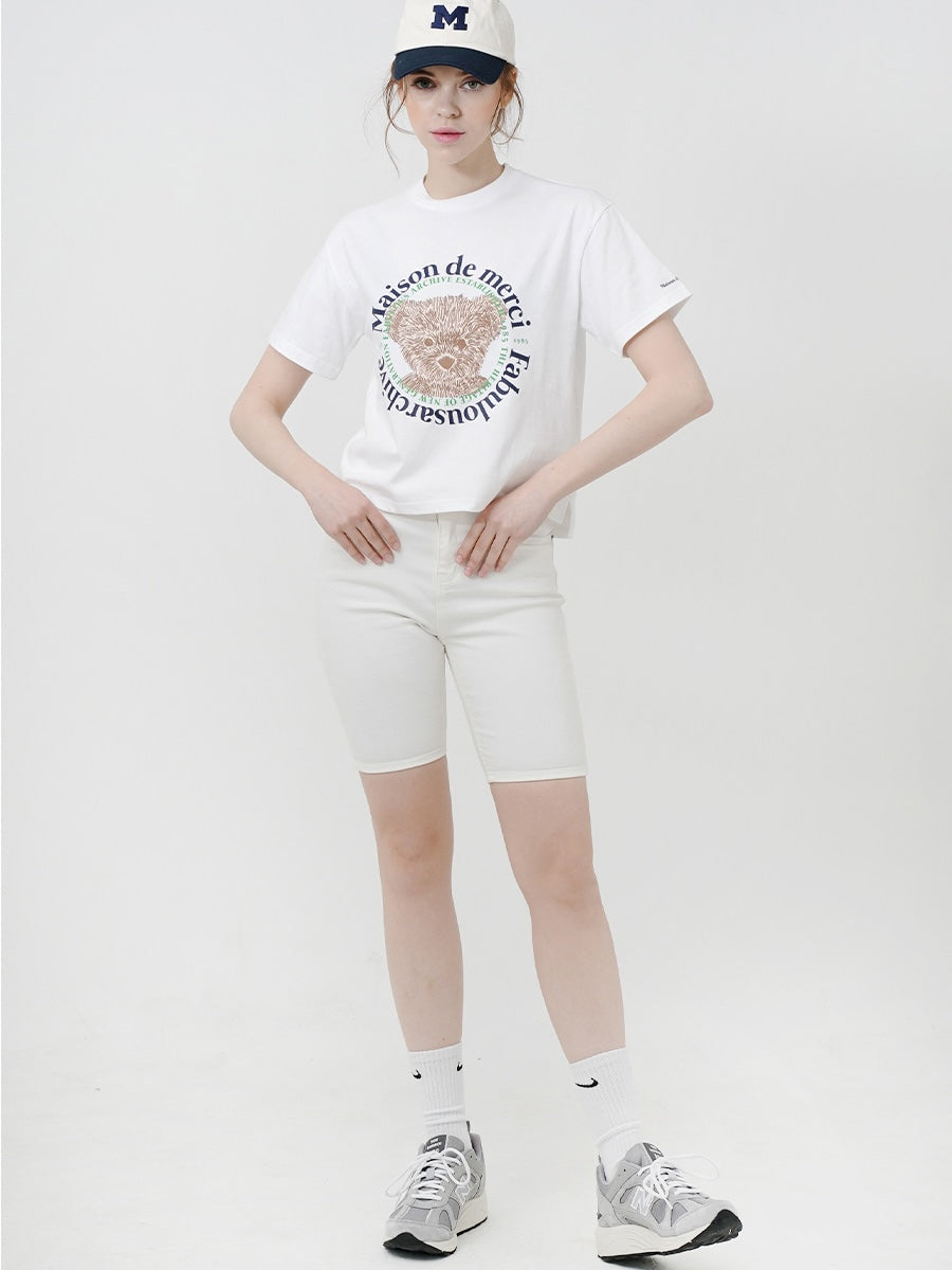 Bear Friends Relax Crop T-Shirt White Navy