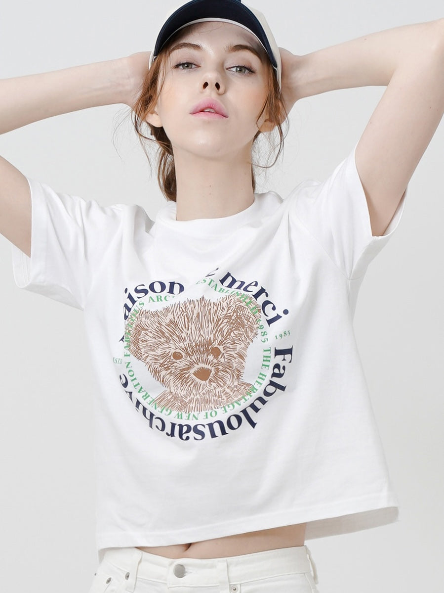 Bear Friends Relax Crop T-Shirt White Navy