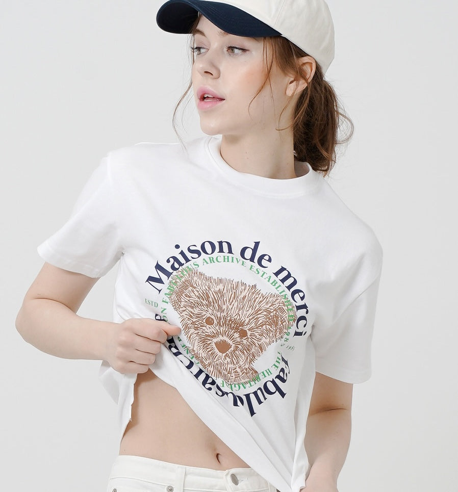 Bear Friends Relax Crop T-Shirt White Navy