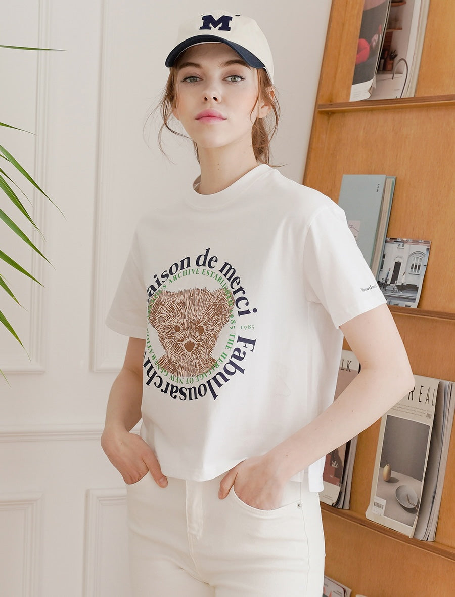 Bear Friends Relax Crop T-Shirt White Navy