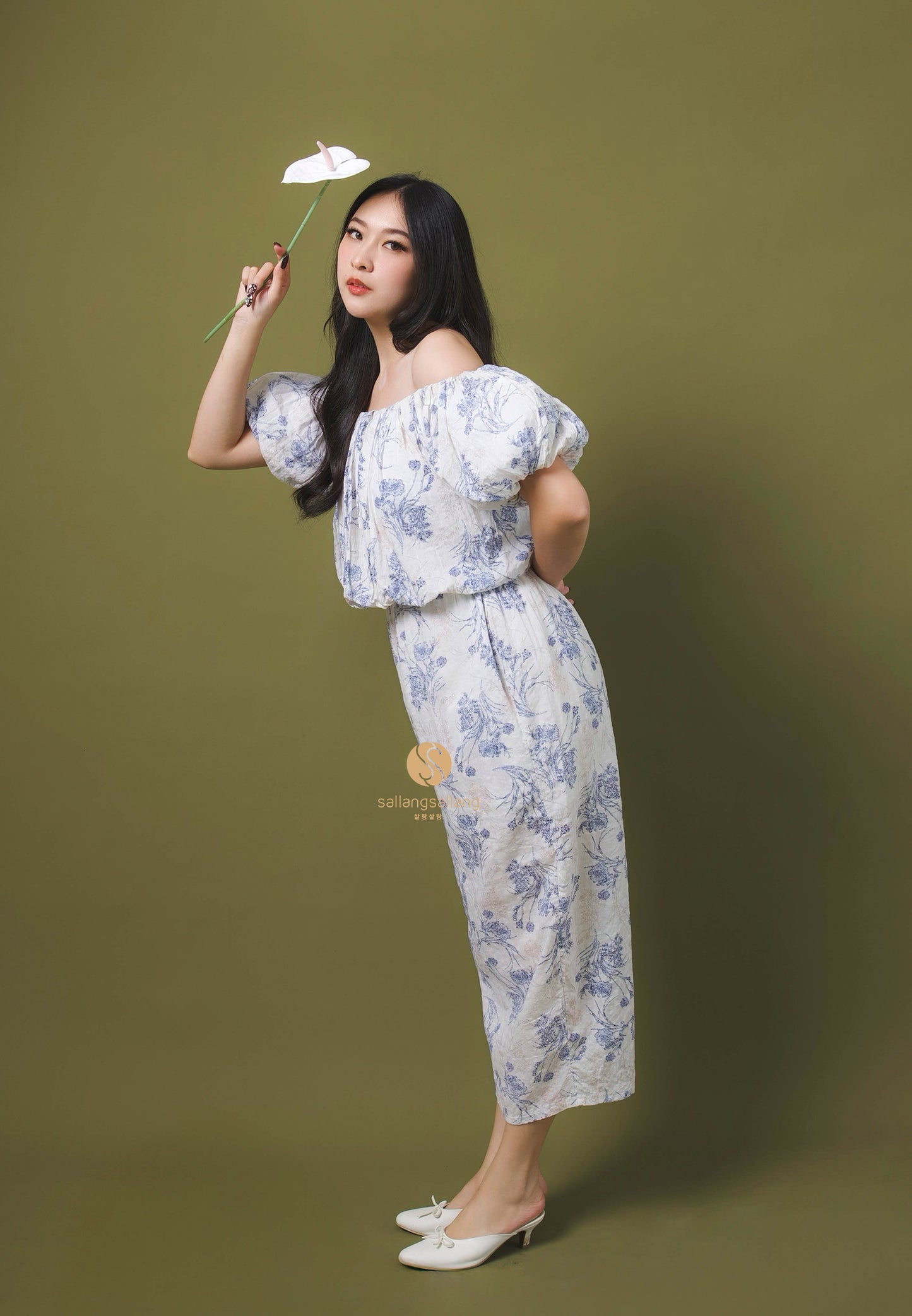 [MADE] High Linen Flower Off Shoulder Dress Blue Ivory