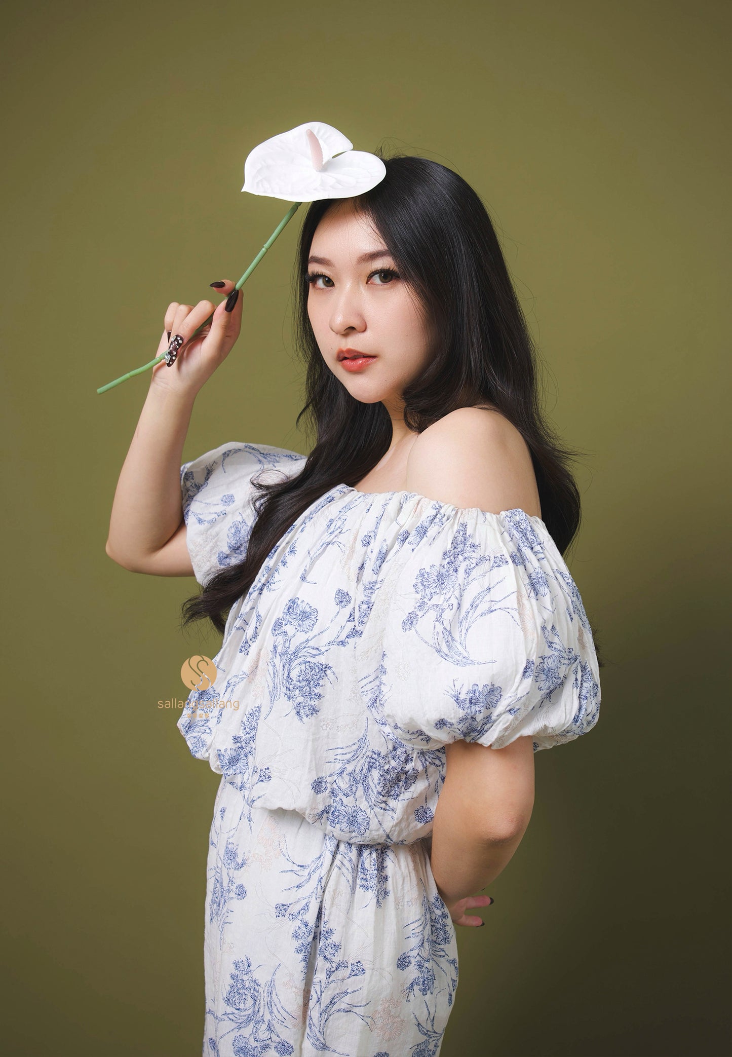 [MADE] High Linen Flower Off Shoulder Dress Blue Ivory