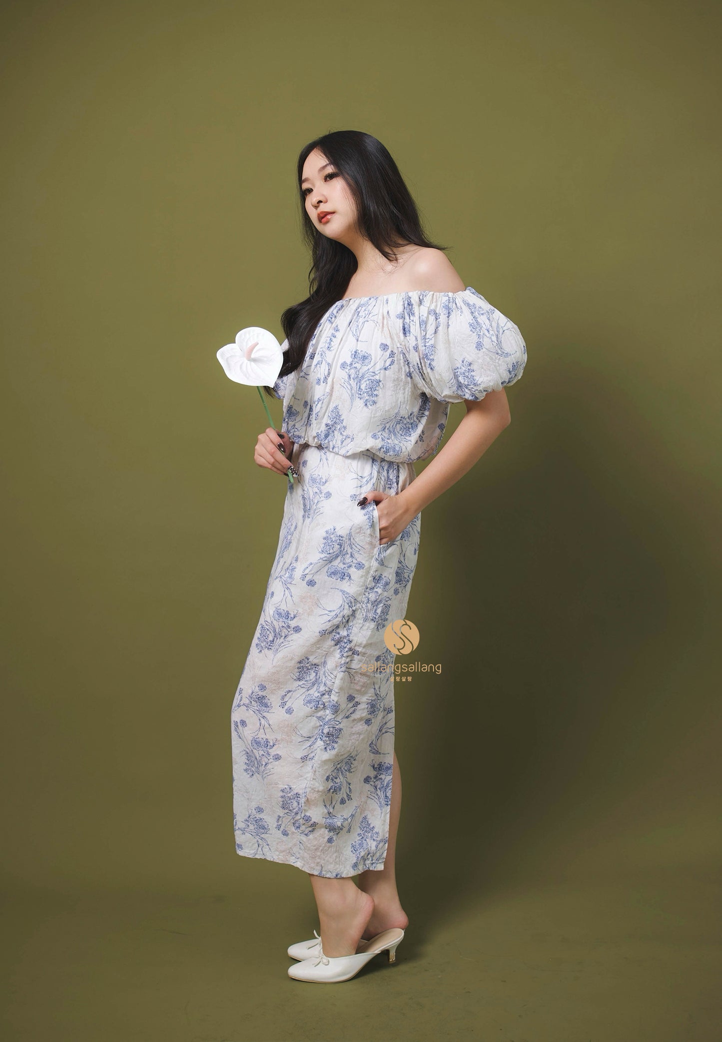 [MADE] High Linen Flower Off Shoulder Dress Blue Ivory