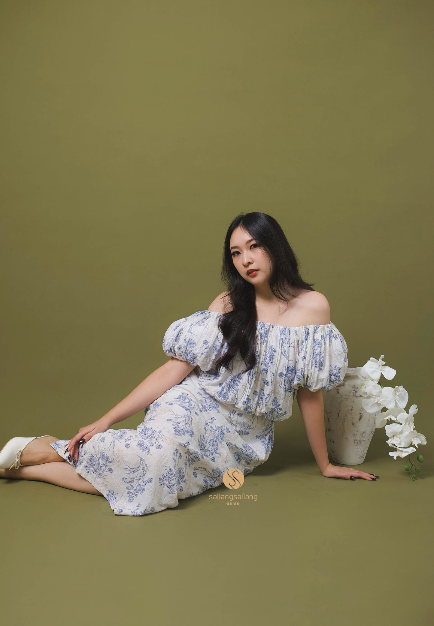 [MADE] High Linen Flower Off Shoulder Dress Blue Ivory