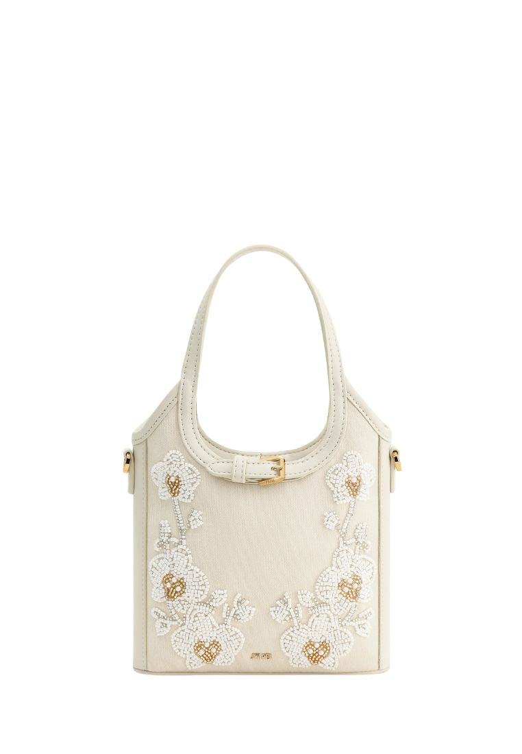 Brooke Mini Belted Embellished Orchid Beaded Top Handle Bag - Ivory