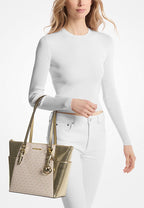 Charlotte Large Signature Logo and Metallic Top-Zip Tote Bag Pale Gold