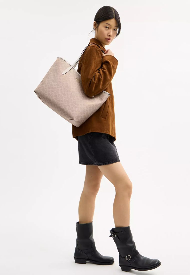 City Tote Bag In Signature Canvas Gold Sand Chalk