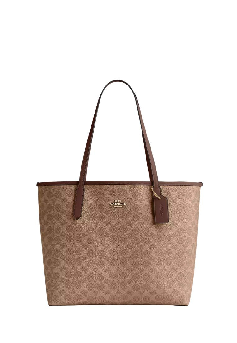 City Tote Bag In Signature Canvas Gold Tan Brown
