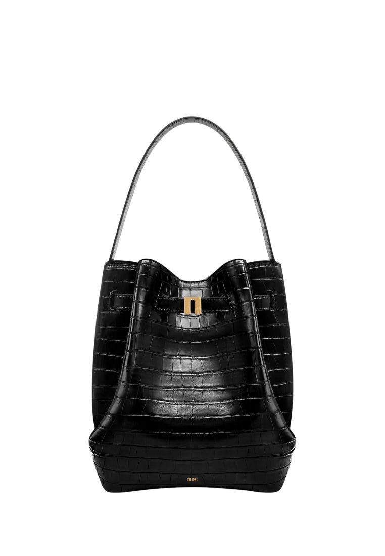 Clara Lock Accent Bucket Shoulder Bag - Black Croc